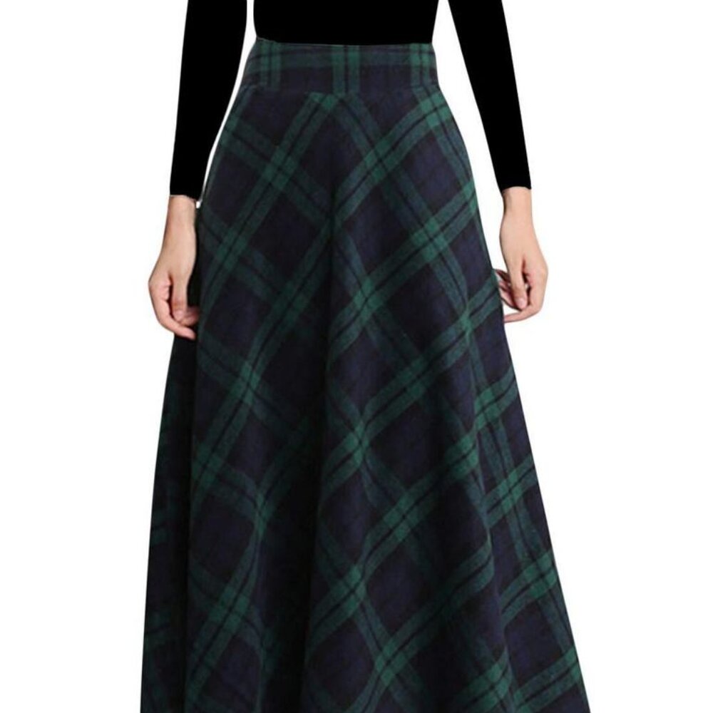 Women's Winter Warm Elastic Waist Wool Plaid A-Line Pleated Long Skirt